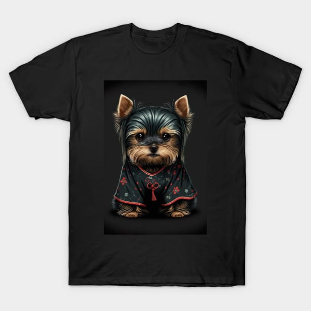 Super Cute Yorkshire Terrier Puppy Portrait Japanese Style T-Shirt by KoolArtDistrict